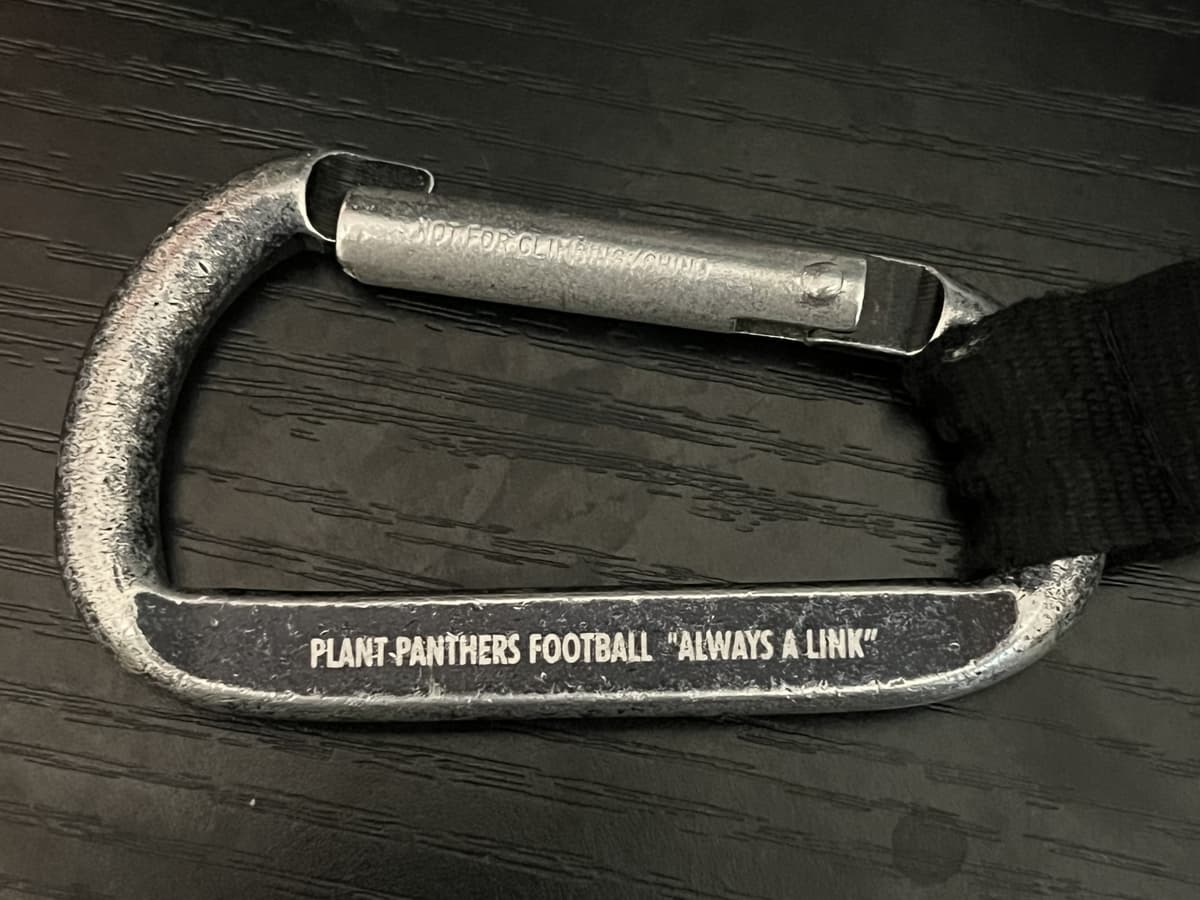 Carabiner engraved: PLANT PANTHERS FOOTBALL — ALWAYS A LINK