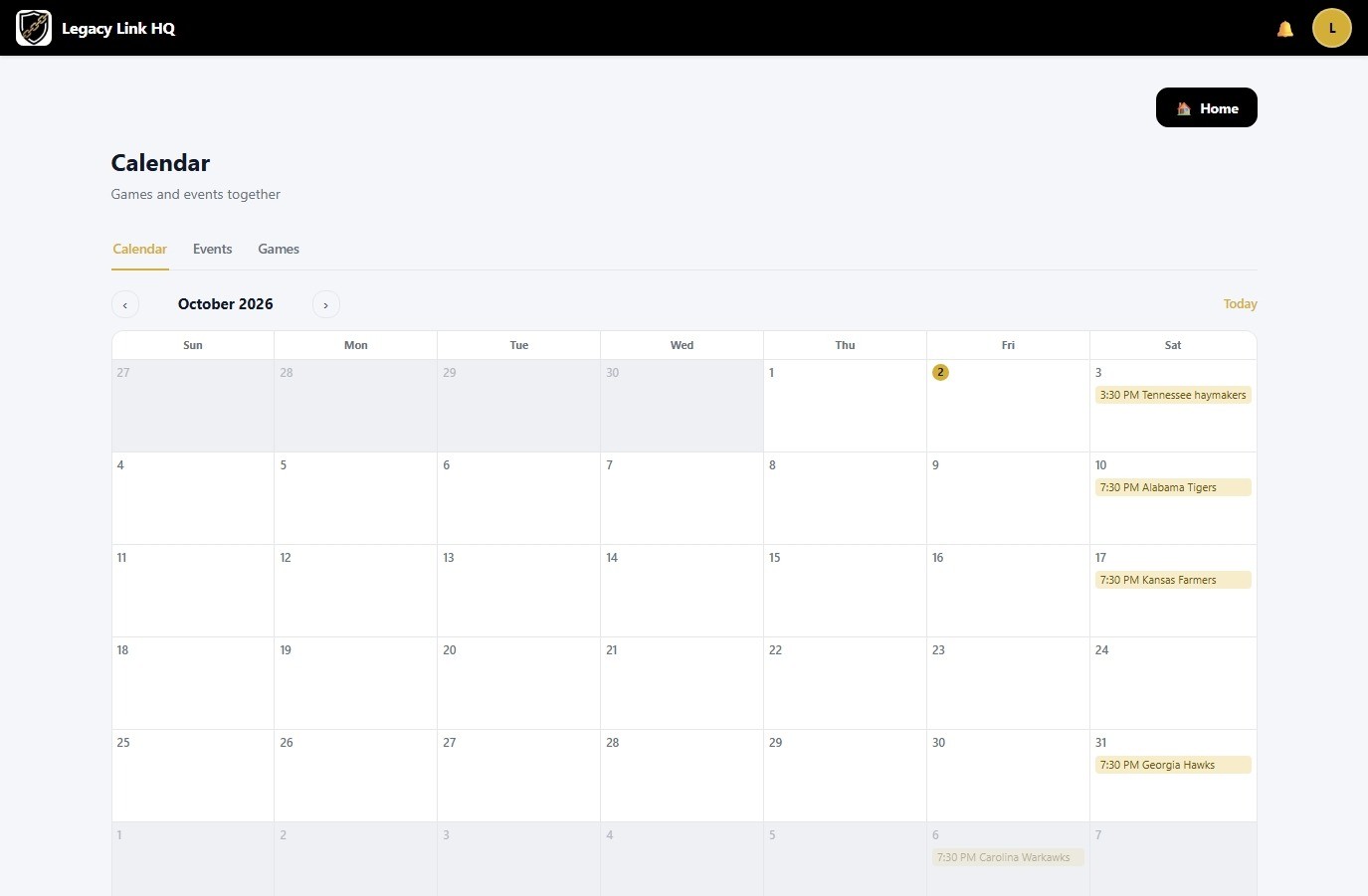 Calendar showing games and events together